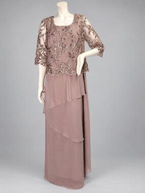 Le Bos Mauve Sequin Lace Tiered Chiffon Maxi Gown Mother of the Bride Size 16
